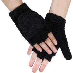 imageAchiou Warm Fingerless Gloves for Women Men Convertible Winter Fingerless Mittens with Fliptop Cover Knitted Wool FabricBlack