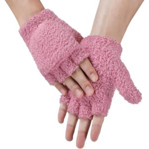 imageAchiou Warm Fingerless Gloves for Women Men Convertible Winter Fingerless Mittens with Fliptop Cover Knitted Wool FabricPink