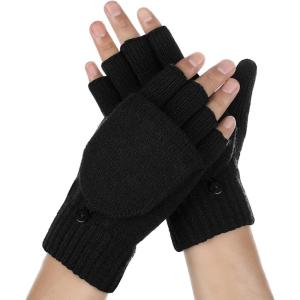 imageAchiou Winter Fingerless Gloves for Men Women Convertible Warm Half Finger Mitten Gloves Flip Top Knitted Clamshell GlovesBlack