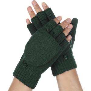 imageAchiou Winter Fingerless Gloves for Men Women Convertible Warm Half Finger Mitten Gloves Flip Top Knitted Clamshell GlovesGreen
