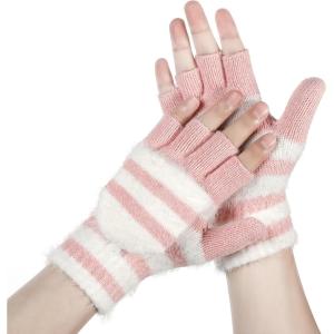 imageAchiou Winter Fingerless Gloves for Women Warm Convertible Clamshell Mitten Knitted Half Finger Flip Top Gloves GirlPink