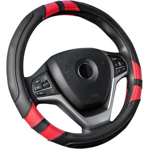 imageAchiou Gray Car Steering Wheel Cover Universal 15 inch with Grip Contours Leather Auto for Men and Women NonSlip Breathable Soft and ComfortableBlack  Red