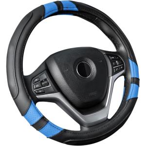 imageAchiou Gray Car Steering Wheel Cover Universal 15 inch with Grip Contours Leather Auto for Men and Women NonSlip Breathable Soft and ComfortableBlack  Blue