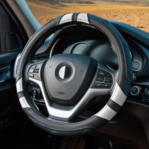 imageAchiou Gray Car Steering Wheel Cover Universal 15 inch with Grip Contours Leather Auto for Men and Women NonSlip Breathable Soft and ComfortableBlack  White