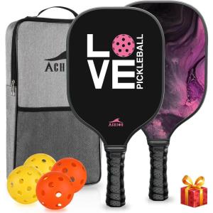 imageAchiou Pickleball Paddles Set of 2  HighPerformance Fiberglass Surface Lightweight Rackets with Bag Sports Facility for Men and Women Includes 2 Outdoor and 2 Indoor Pickleball BallPinkBlack