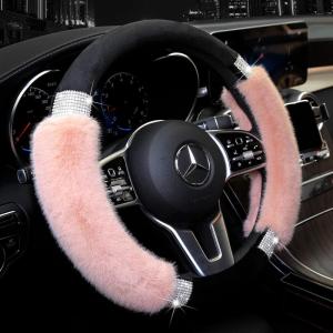 imageAchiou Rhinestone Fluffy Steering Wheel Cover  Comfortable NonSlip Luxury Faux Wool Universal Fit for 145quot to 15quot Steering WheelsBlack and Pink