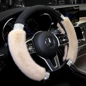 imageAchiou Rhinestone Fluffy Steering Wheel Cover  Comfortable NonSlip Luxury Faux Wool Universal Fit for 145quot to 15quot Steering WheelsBlack and White