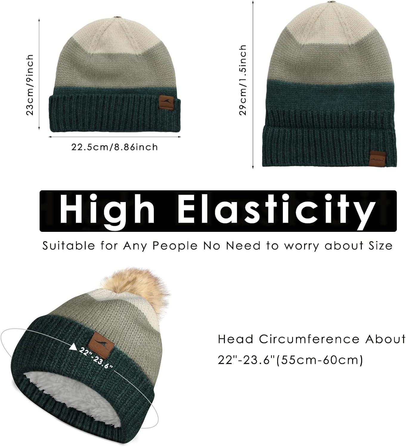 imageAchiou Winter Women Beanie Hat Warm Cable Knit Beanies for Women 3 Color Knitted Hat Skull Cap Faux Fur Pom Fleece LinedBottle Green