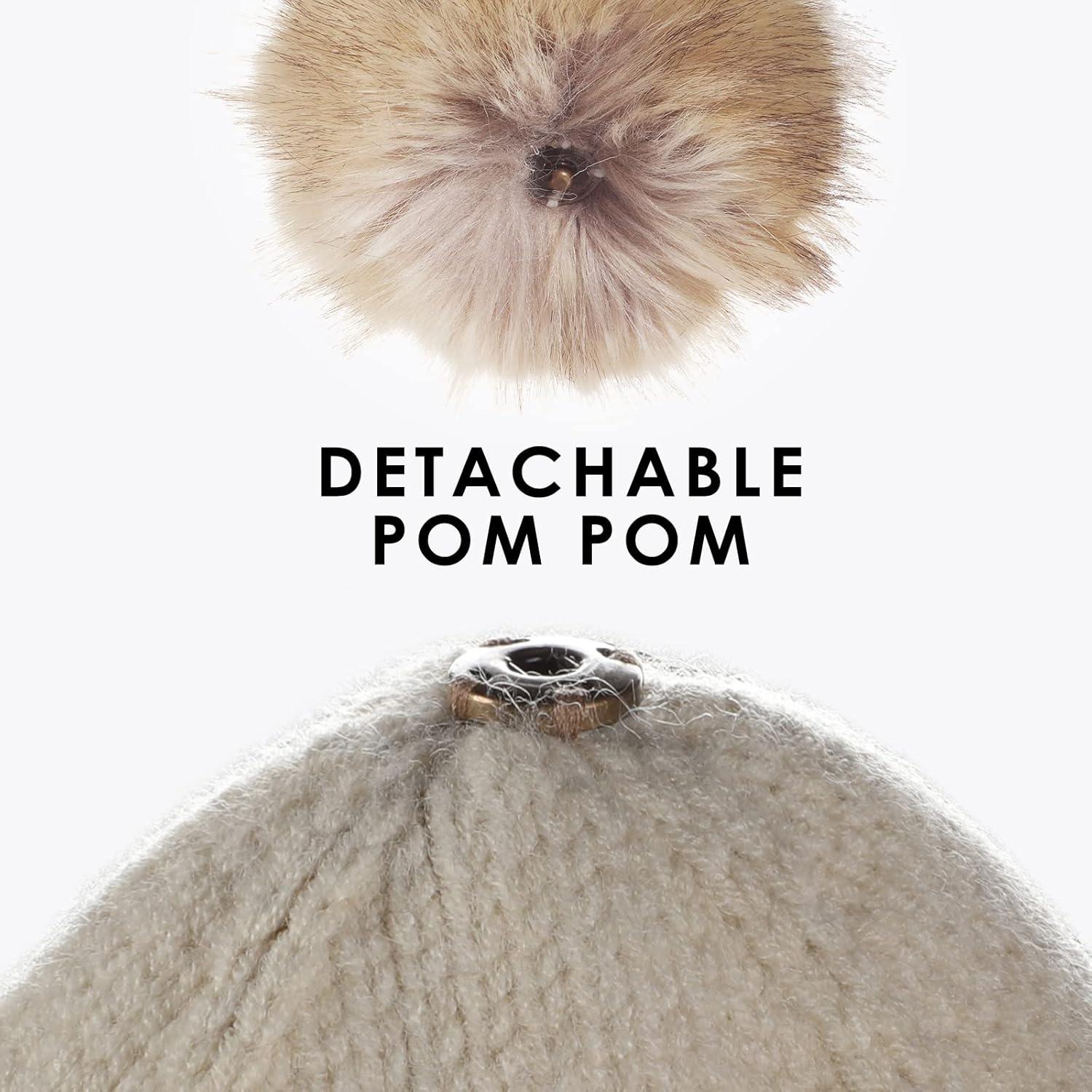 imageAchiou Winter Women Beanie Hat Warm Cable Knit Beanies for Women 3 Color Knitted Hat Skull Cap Faux Fur Pom Fleece LinedBottle Green